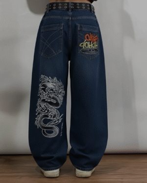 Dark Blue Retro Dragon Emroidered Unisex Baggy Jeans