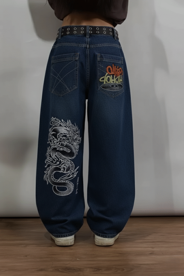 Dark Blue Retro Dragon Emroidered Unisex Baggy Jeans