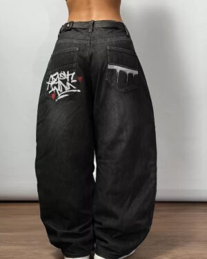 Black Graffiti Wash Unisex Baggy Jeans