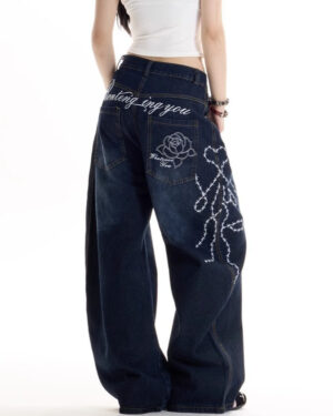 Dark Blue Chained Rose Baggy Pants
