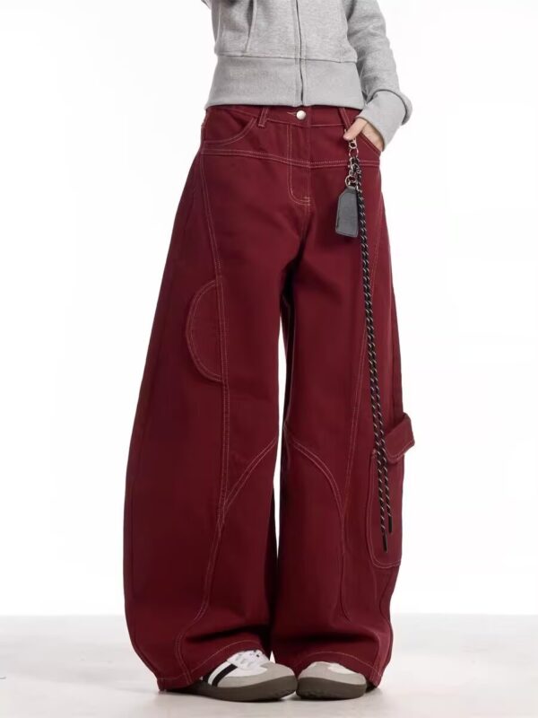 Burgundy Curved-Seam Barrel Cargo Baggy Pants