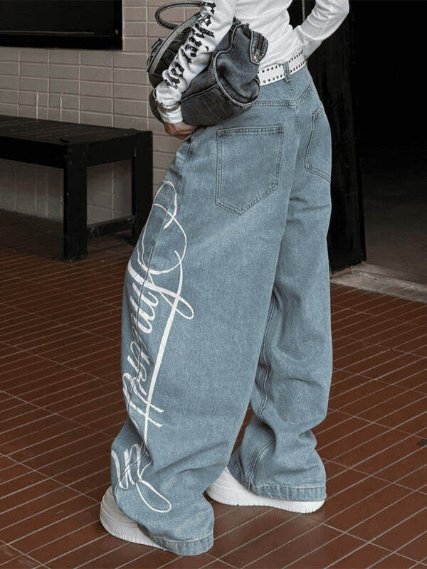 Side Printed Washed Baggy Pants