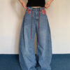 Plaid-Accented Rope-Belt Baggy Jeans