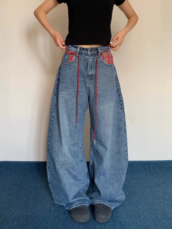 Plaid-Accented Rope-Belt Baggy Jeans