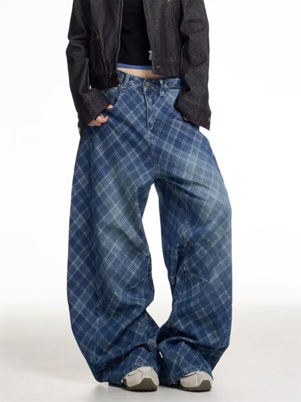 Plaided Baggy Back Patched Jeans