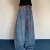 Plaid-Accented Rope-Belt Baggy Jeans