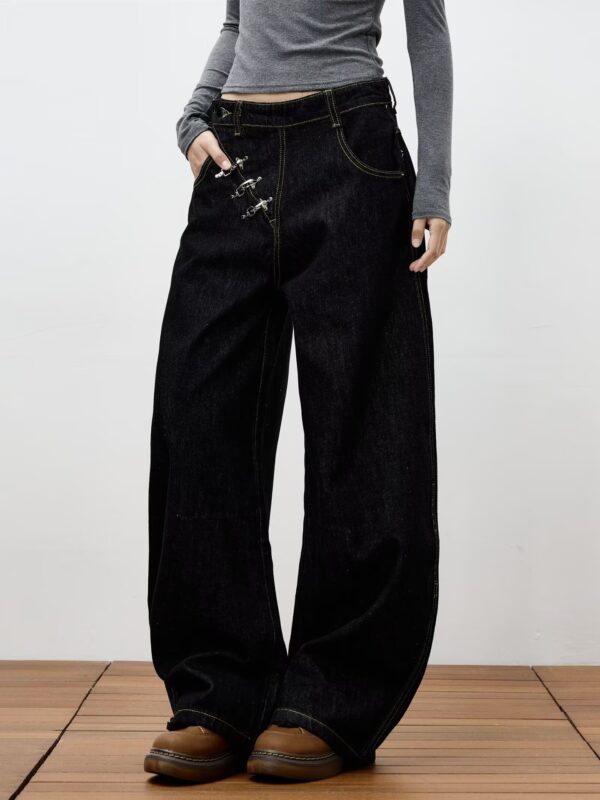 Chinese Style Asymmetric Metal-Clasp Jeans