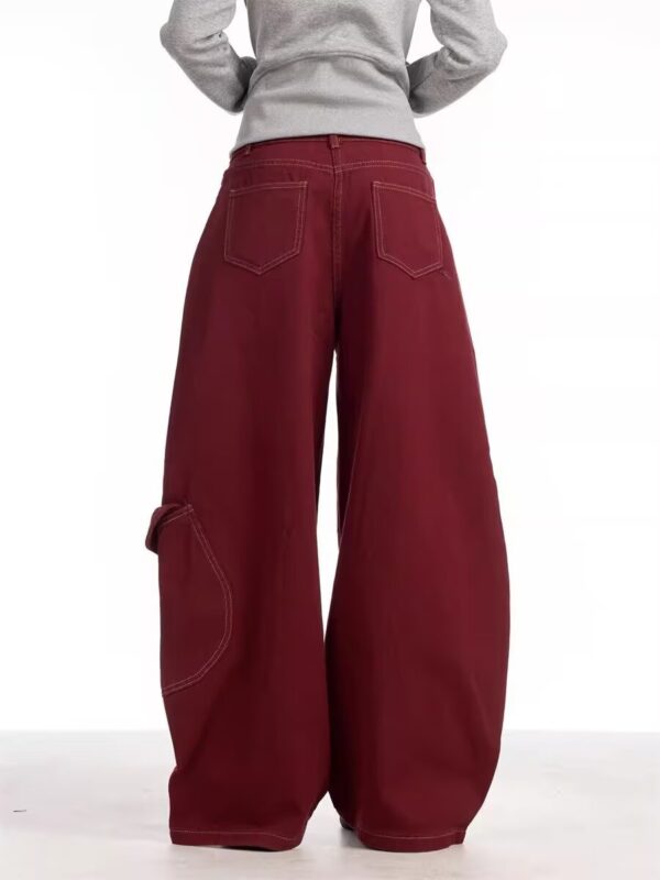 Burgundy Curved-Seam Barrel Cargo Baggy Pants