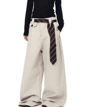 Beige Palazzo Tie Detailed Pants