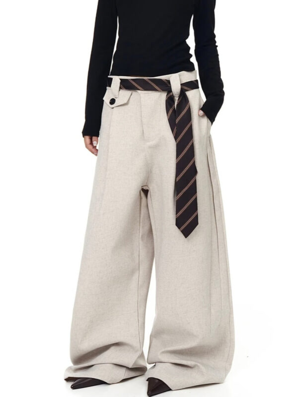 Beige Palazzo Tie Detailed Pants