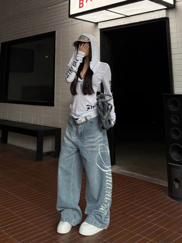 Side Printed Washed Baggy Pants