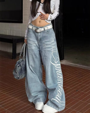 Side Printed Washed Baggy Pants