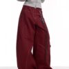 Burgundy Curved-Seam Barrel Cargo Baggy Pants