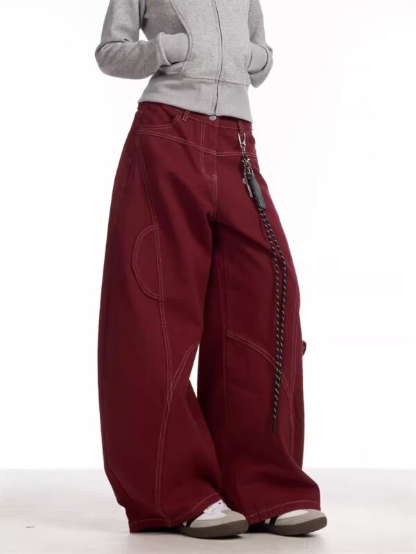 Burgundy Curved-Seam Barrel Cargo Baggy Pants