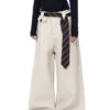 Beige Palazzo Tie Detailed Pants