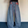 Plaid-Accented Rope-Belt Baggy Jeans