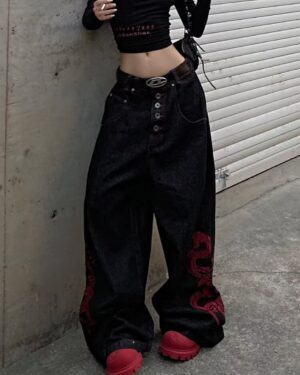 Red Side Snake Baggy Jeans