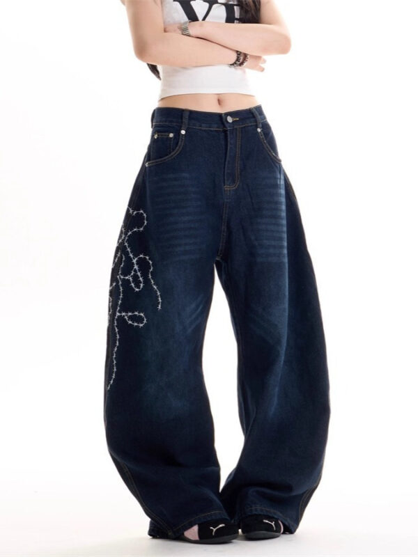 Dark Blue Chained Rose Baggy Pants