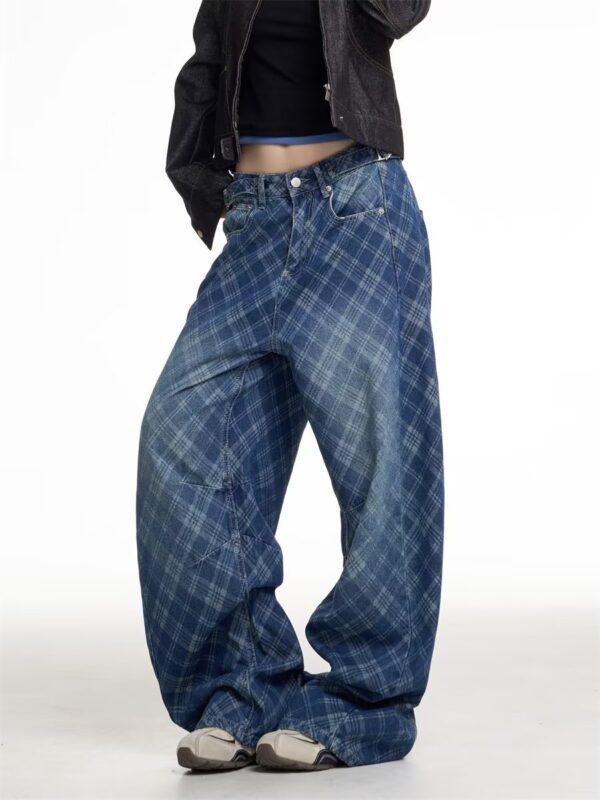 Plaided Baggy Back Patched Jeans