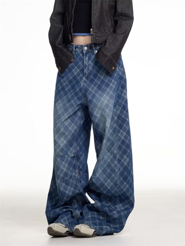 Plaided Baggy Back Patched Jeans