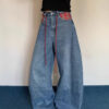 Plaid-Accented Rope-Belt Baggy Jeans