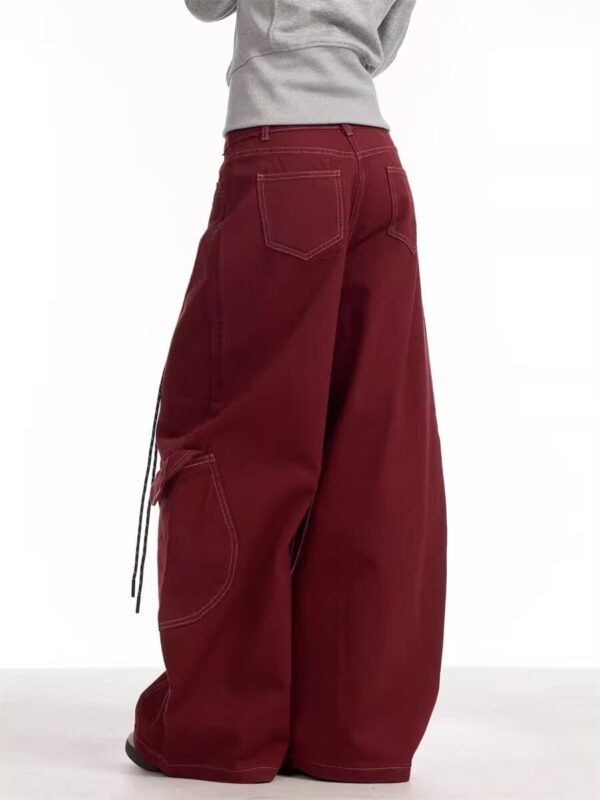 Burgundy Curved-Seam Barrel Cargo Baggy Pants