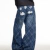 Plaided Baggy Back Patched Jeans