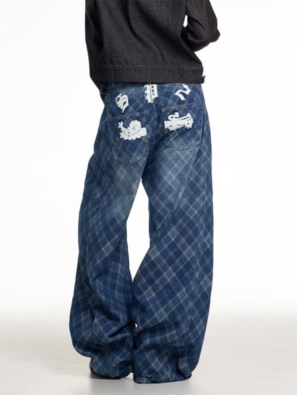 Plaided Baggy Back Patched Jeans