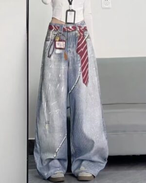 Red Tie Printed Baagy Jeans