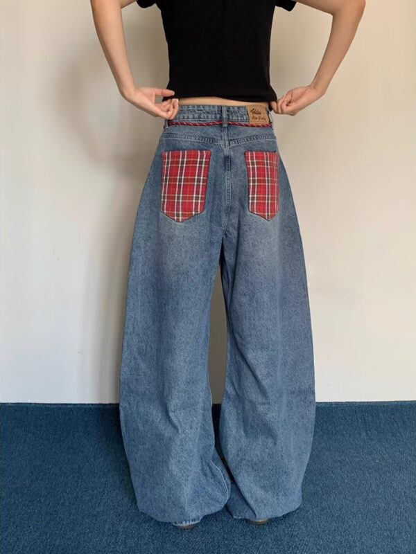Plaid-Accented Rope-Belt Baggy Jeans