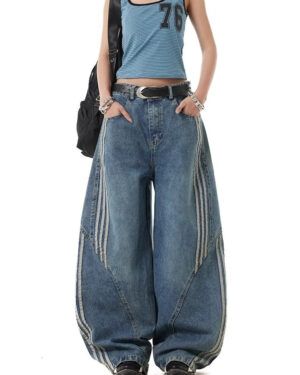 Blue Asymetric Striped Baggy Pants