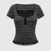 Black Grey Striped Button Detail Lace Short Sleeve Crop