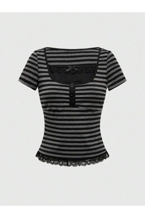 Black Grey Striped Button Detail Lace Short Sleeve Crop