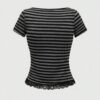 Black Grey Striped Button Detail Lace Short Sleeve Crop