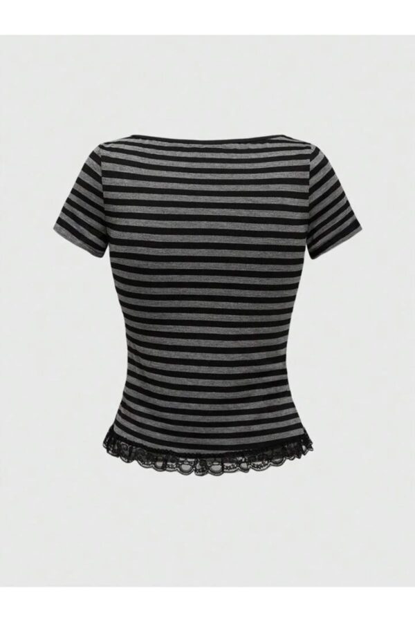 Black Grey Striped Button Detail Lace Short Sleeve Crop
