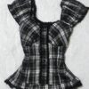 Black and White Plaid Vintage Lace Buttoned  Short Sleeve Crop
