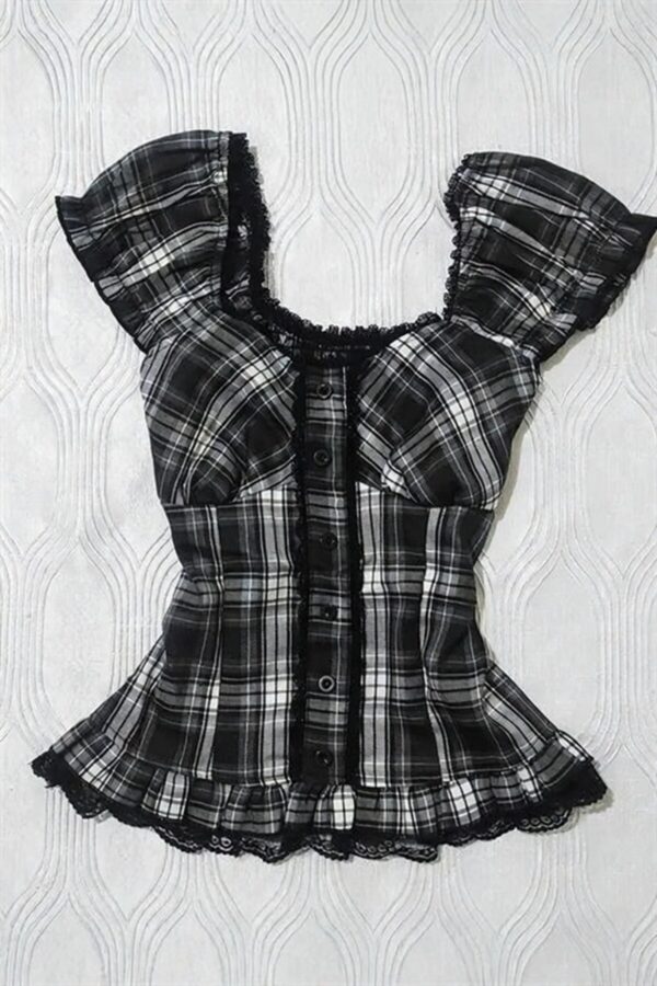 Black and White Plaid Vintage Lace Buttoned  Short Sleeve Crop