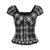 Black and White Plaid Vintage Lace Buttoned  Short Sleeve Crop