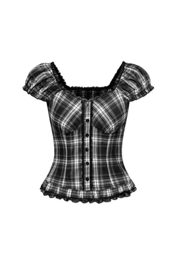 Black and White Plaid Vintage Lace Buttoned  Short Sleeve Crop