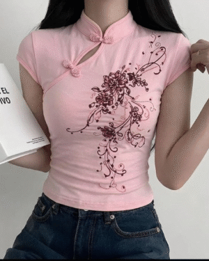 Pink Mandarin Collar Floral Qipao Short Sleeve Crop