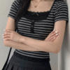 Black Grey Striped Button Detail Lace Short Sleeve Crop