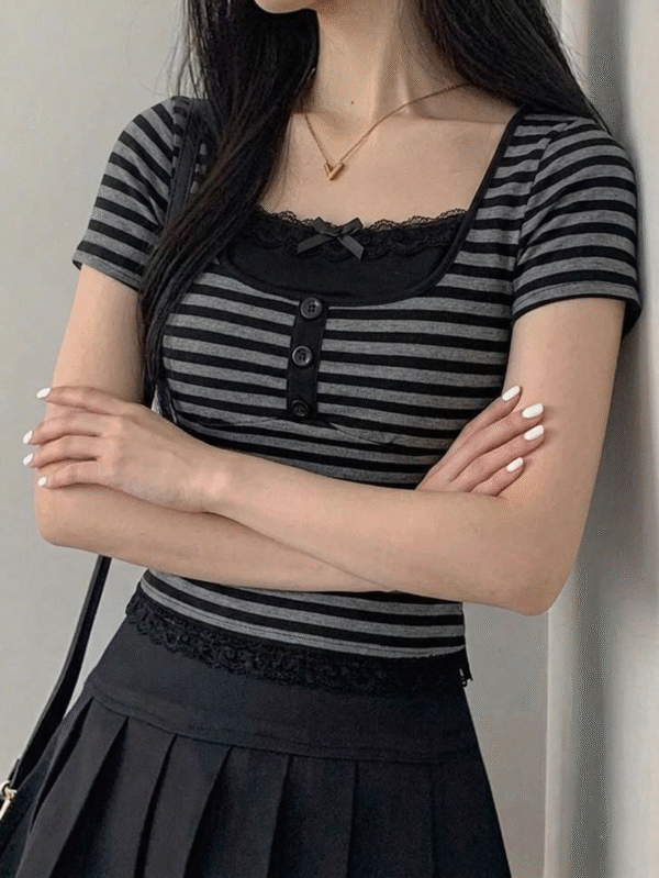 Black Grey Striped Button Detail Lace Short Sleeve Crop
