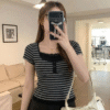Black Grey Striped Button Detail Lace Short Sleeve Crop