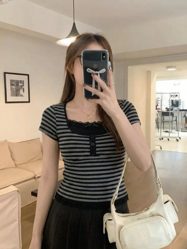 Black Grey Striped Button Detail Lace Short Sleeve Crop