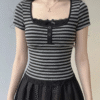 Black Grey Striped Button Detail Lace Short Sleeve Crop