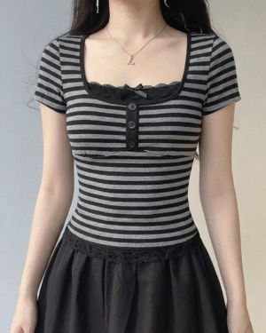 Black Grey Striped Button Detail Lace Short Sleeve Crop