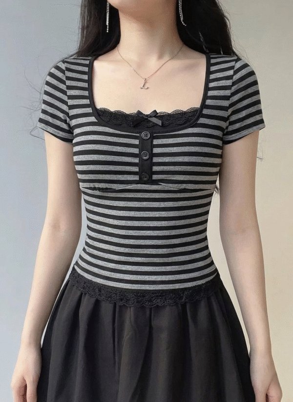 Black Grey Striped Button Detail Lace Short Sleeve Crop