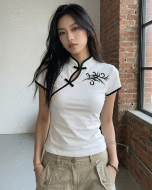 White Chinese Collar Floral Patterned Short Sleeve Crop