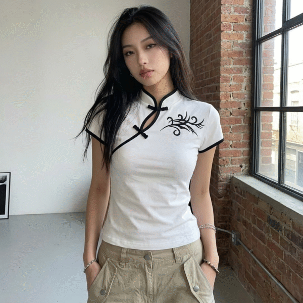 White Chinese Collar Floral Patterned Short Sleeve Crop