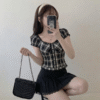 Black and White Plaid Vintage Lace Buttoned  Short Sleeve Crop
